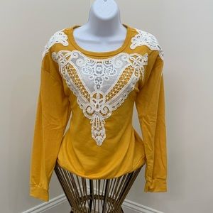 NWT mustard gold yellow boho lace lightweight sweatshirt long sleeve shirt